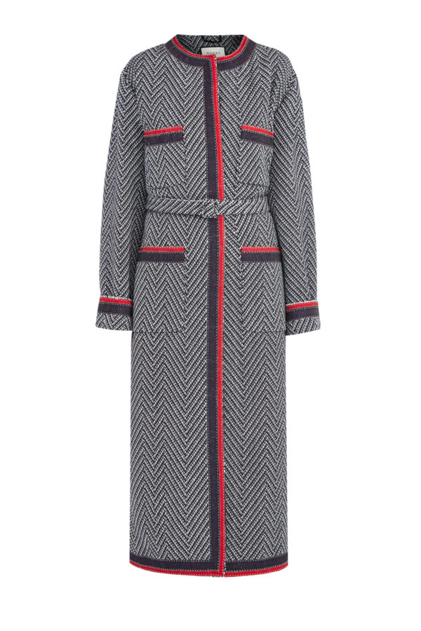 Пальто из фактурной шерсти с шевронным узором и лентой Web GUCCI Италия