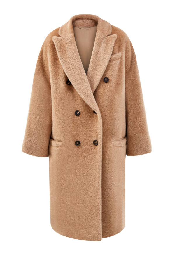 Двубортное пальто из шерсти альпака с фактурой меха BRUNELLO CUCINELLI Италия